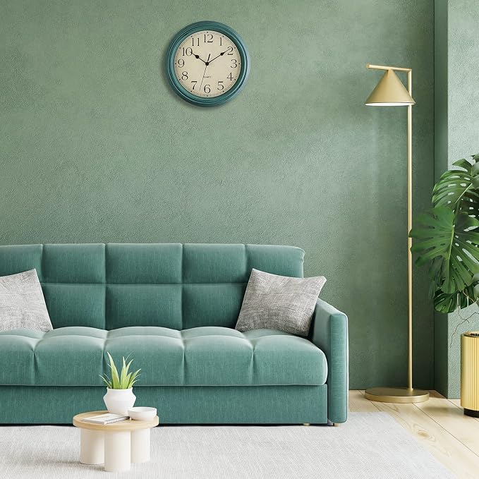 Foxtop Retro Silent Non-Ticking Round Classic Clock 12 Inch Quartz Decorative Battery Operated Wall Clock for Living Room Kitchen Home Office (Turquoise)
