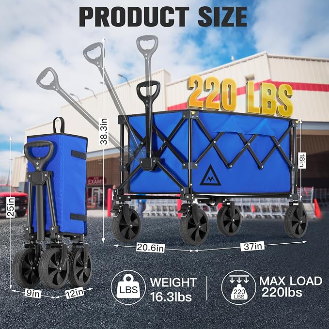 Wagon Cart Shopping Cart Large Capacity Collapsible Wagon with Wheels On Beach Garden Outdoor Utility Carts for Grocery All Terrain Portable Wagons Carts for Groceries Sand Camping Sports Blue