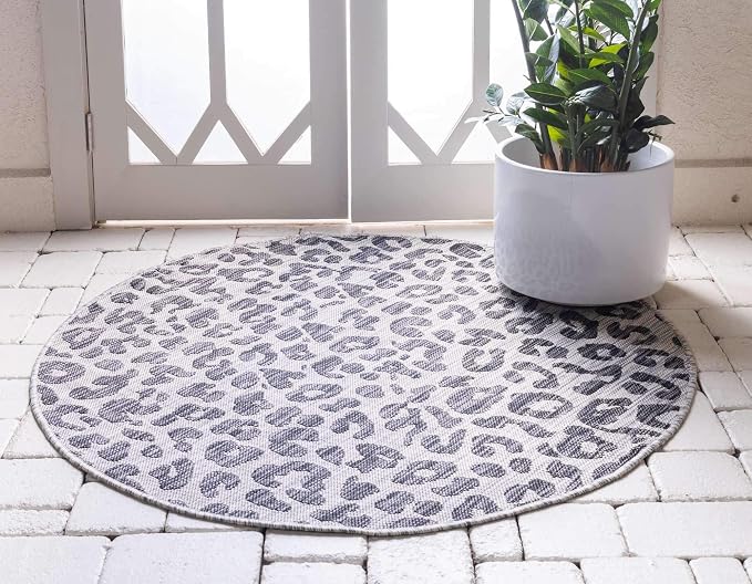Unique Loom Outdoor Safari Collection Area Rug - Leopard (4' Round Light Gray/Gray)