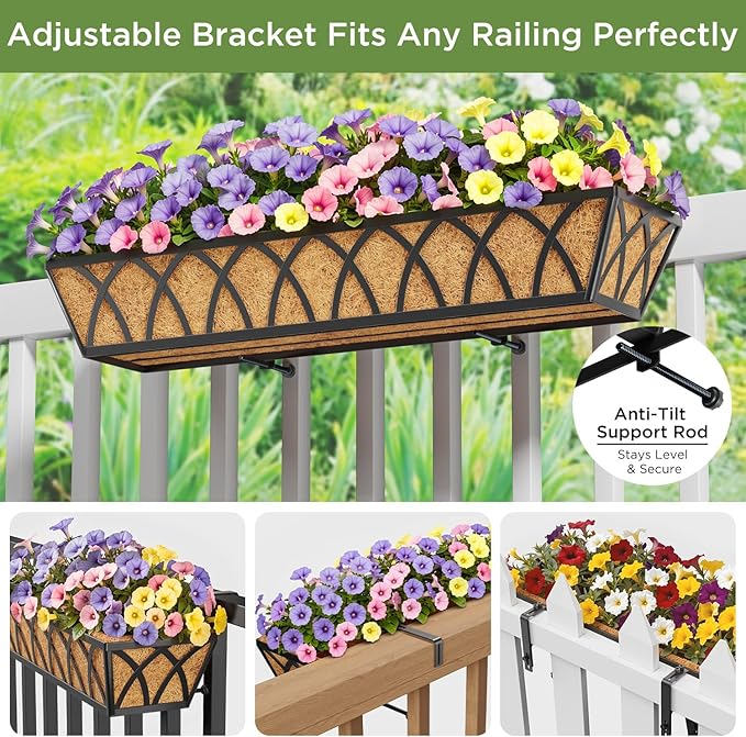 Y&M Railing Planter Boxes, Metal Hanging Balcony Planter, Adjustable Deck Railing Planter for Fence, Window Boxes Outdoor, Heavy Duty Flower Box for Porch Rail-30inch 4pcs