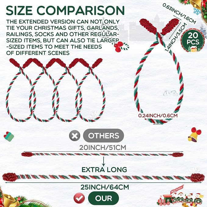 Zhengmy 20 Pcs 25 Inch Extra Long Christmas Garland Ties Christmas Decorative Twist Ties for Banister Reusable Flexible Twist for Holiday Xmas Home Decorations Craft Wrapping (Red Green White)