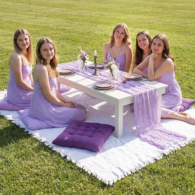 8 Pcs Fit for 6 People 91 x 71'' Extra Large Outdoor Picnic Blanket with Purple Table Runner and Floor Pillow Cushion Fit for 6 People Picnic Wedding Birthday Baby Shower Backyard Decor