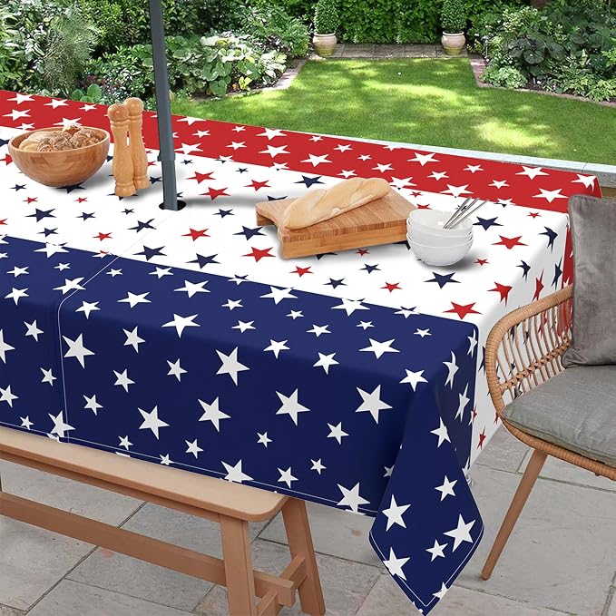Outdoor Tablecloth with Umbrella Hole and Zipper, Rectangle Patio Table Covers for Spring/Summer, Machine Washable Outdoor Picnic Table Cloth (Star Stripes, 60" × 84" Rectangular)