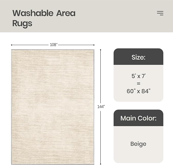 Valenrug Washable Rugs 5x7, Non Slip Large Area Rugs for Living Room, Beige | Soft Low Pile, Thin & Lighweight Carpet, Folable Stain Resistant Modern Indoor Floor Mat for Bedroom, Dining Room, Home Decor