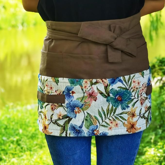 Garden Apron for Woman, Serve Apron Cute, Flora Half Apron with 8 Pockets, Valentines Gift for Mom Wife Girlfriend