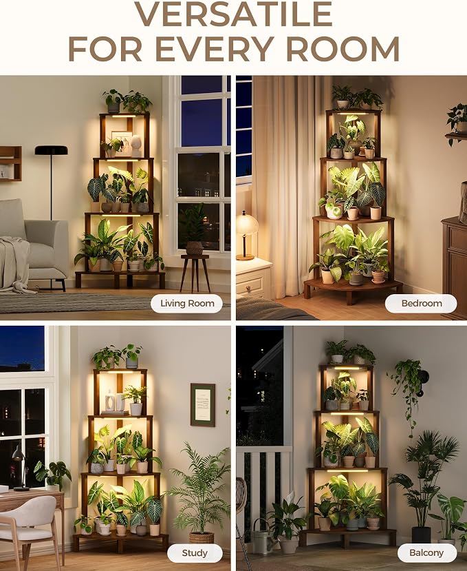 Bamworld Corner Plant Stand with Grow Lights 4-Tier Plant Stand Indoor Wood Plant Stand with Grow Light Tall Shelves Garden Decor for Living Room Balcony