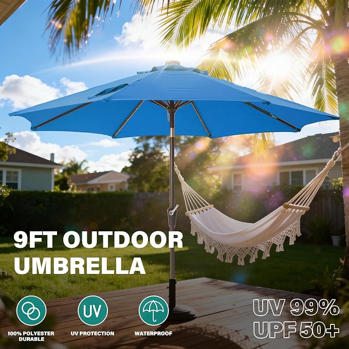 9FT Solar-Powered LED Patio Umbrella with Tilt Crank,Outdoor Market Umbrella with 32 Lights,Sunshade for Deck, Garden and Pool