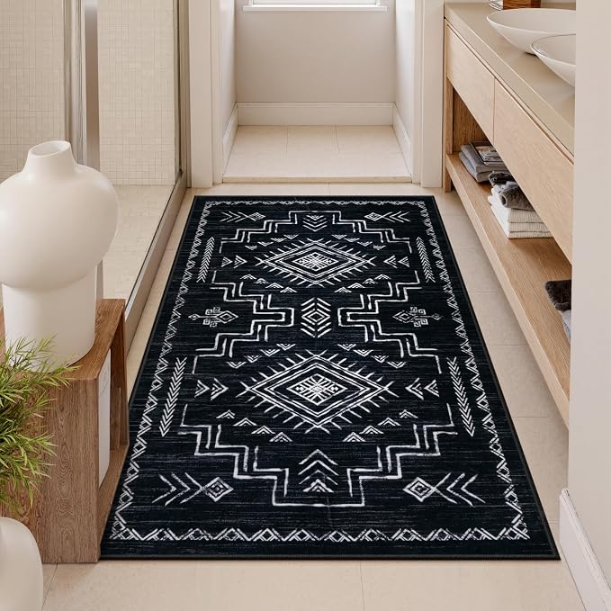 STARUIA 3x5 Washable Area Rug Western, Non-Slip Small Entryway Rug Black Aztec Tribal Classic Boys Rug for Bedroom Living Room Low-Pile Carpet for Indoor Kitchen Bathroom(Black 3'x5')
