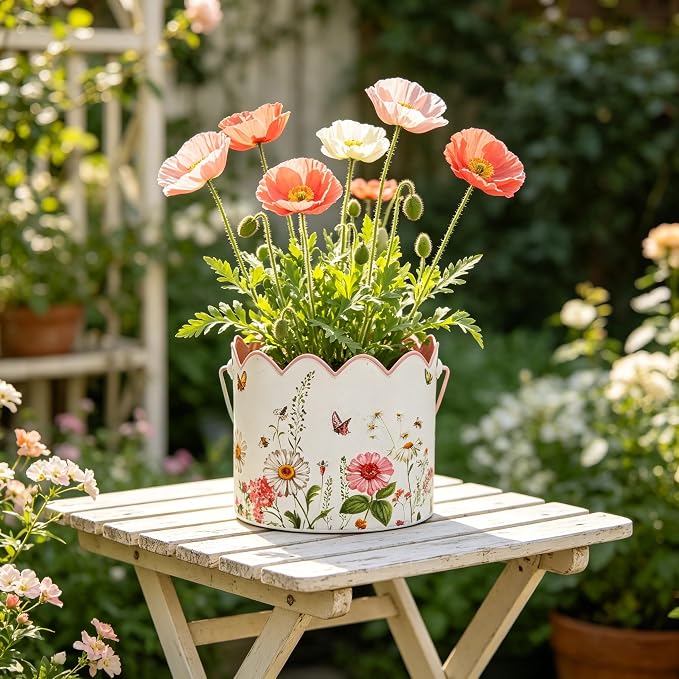3-Piece Vintage Floral Metal Bucket Set, Scalloped Edge Multi-Size Planters for Flowers & Easter Egg Containers, Rustic Garden & Home Decor with Reinforced Metal Handles, Indoor & Covered Outdoor Use
