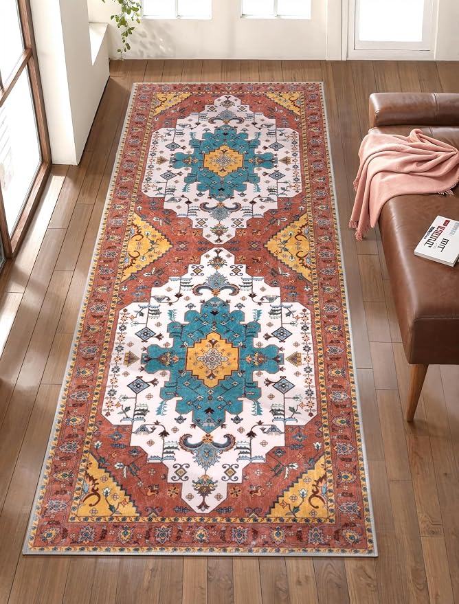 SERISSA 2x5 Washable Non Slip Boho Runner Rug for Hallway，Orange | Ultra Soft Vintage Oriental Carpet Low-Pile Distressed Tribal Floor Carpet for Kitchen Bedroom Bathroom Laundry Living Room