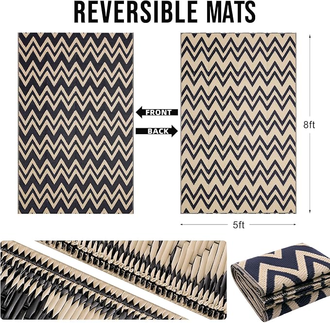OLANLY Waterproof Outdoor Rug 5x8 ft Clearance, Reversible Outdoor Plastic Straw Rug, RV Mat, Indoor Outdoor Carpet for Patio, Camping, Balcony, Deck, Backyard, Black & Beige