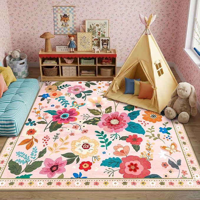 RELEANY Floral Washable Square 8ft Area Rug Pink | Flower Carpet, Print, Boho, Non-Slip, Easy to Clean, Soft, Low Pile for Living Room Bedroom Kitchen Office Entryway Hallway