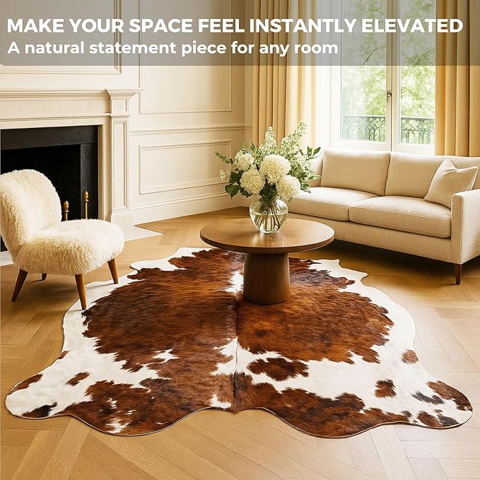Genuine Tricolor Cowhide Rug Large 8x10 Area Fit (Rug Approx 6x7 ft)– Vibrant One-of-a-Kind Hide, Eco-Friendly, Safe for Kids & Pets, Easy to Clean Perfect for Living Rooms Western Rustic Home Décor