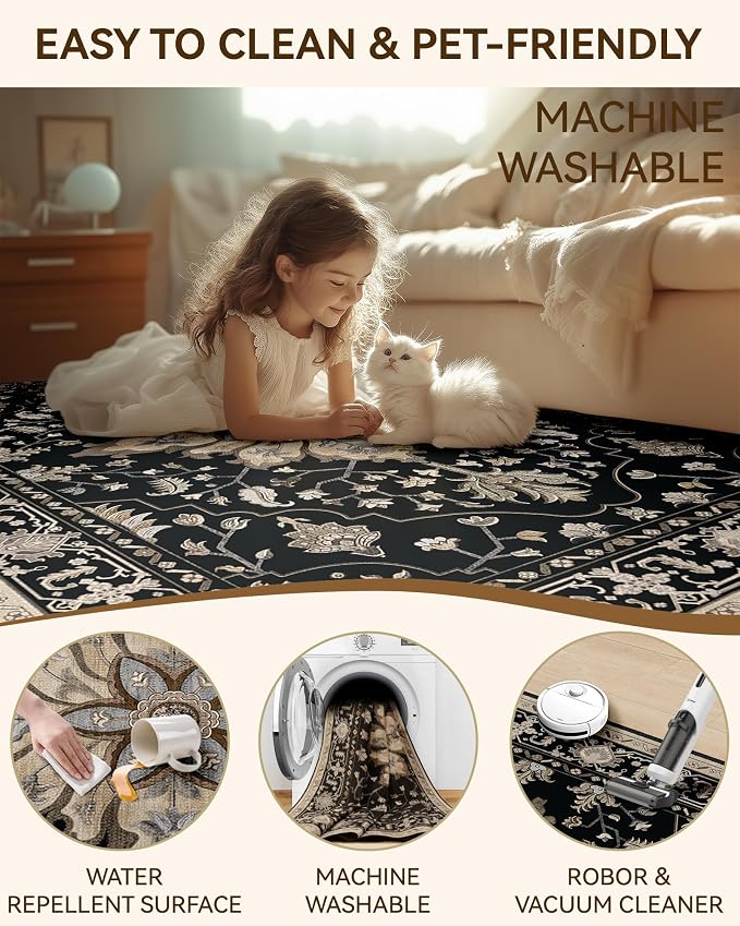 RELEANY Washable Area Rug, Runner 2'x6', Black/Neutral | Non-Slip, Water Repellent, Pet Friendly, Easy to Clean, Vintage Floral Boho Decor for Kitchen Entry Bedroom Bedside Laundry