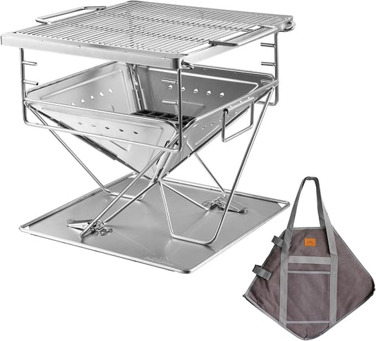 CAMPINGMOON 3 in 1 Portable Fire Pit 12 inch Foldable Stainless Steel Wood Burning Camping Stove BBQ Grill for 3 People Adjustable Height Outdoor Cooking Campfire Carry Bag included MT-035