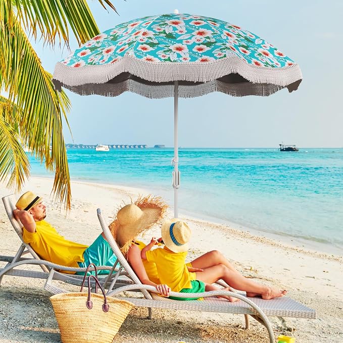 HAPPYGRILL 6.5 FT Outdoor Fringe Beach Umbrella, UPF50+ Sun Protection, Portable Sunshade with Carrying Bag, Push Button Tilt, Patio Tassel for Garden Lawn Poolside Table, Green
