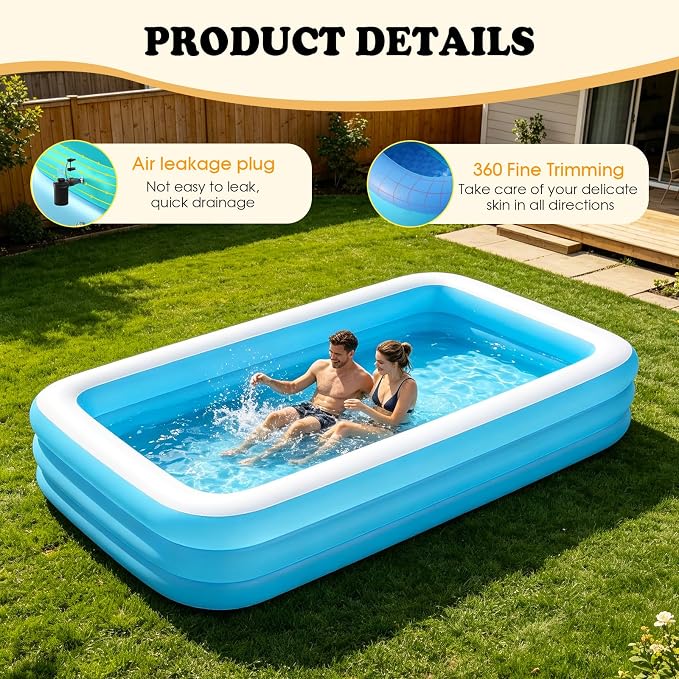 HAIKE Inflatable Pool for Adults and Kids, Family Full-Sized Kids Pool Outdoor Water Party, Summer 3 Layer Thickened Swimming Pool, Rectangular Blow Up Pool for Backyard Garden (120"x59.1"x22" Blue)