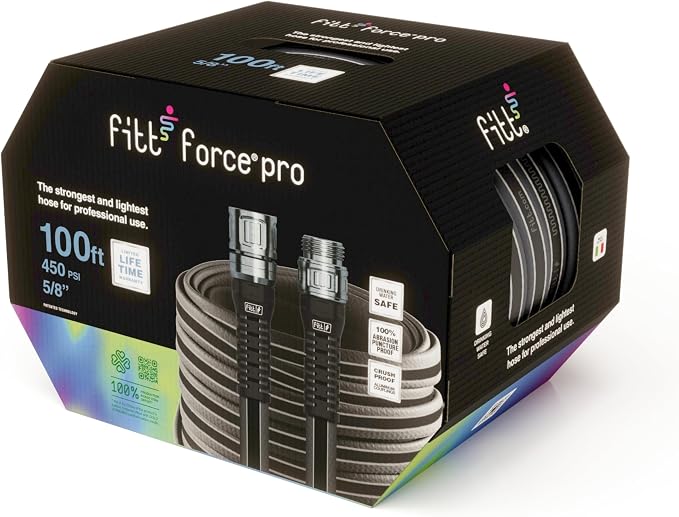 FITT Force Pro Water Hose, Lightweight Ultra Flexible Durable Kink-Free Heavy-Duty Commercial Grade Flat Garden Hose, Grey and Blue, 100-Feet x 5/8-Inch