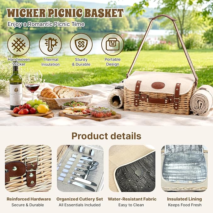 Hap Tim Multifunctional Wicker Picnic Basket Set for 2 with Picnic Table & Blankets, Gifts for Couple, Engagement, Wedding, Bridal Shower, Family, White Elephant(Y2604)