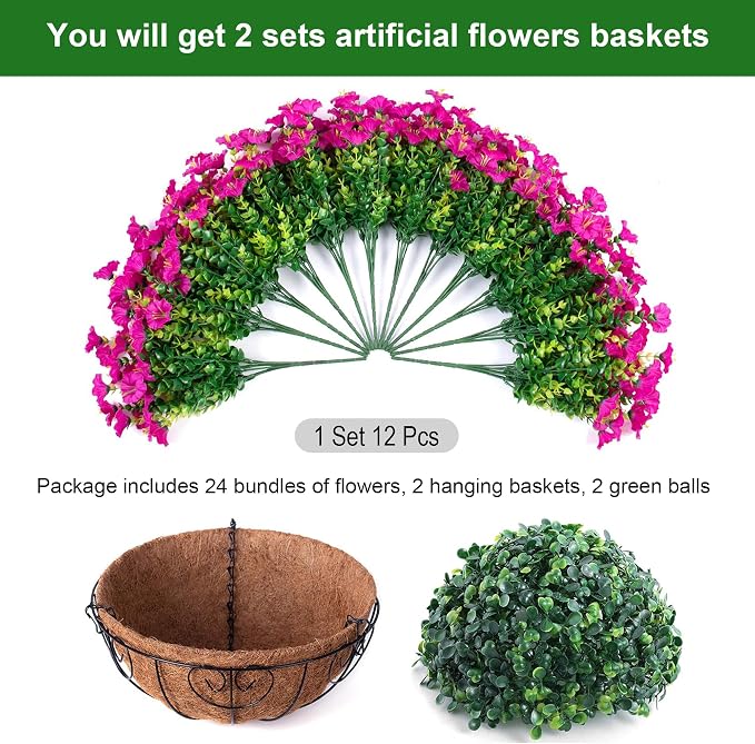 2 Set Artificial Hanging Flowers Baskets Fake Plants for Outdoors Spring Porch Decor, 24 Pcs UV Resistant Faux Silk Morning Glory Eucalyptus with 2 Hanging Planters Realistic for Outside Patio Outdoor