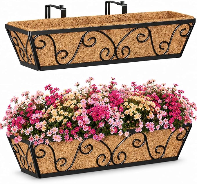 Y&M Railing Planter Boxes 24 Inch 2 Pack, Window Box Planters for Outdoor Plants, Adjustable Hanging Balcony Planters with Coco Liner for Railing, Deck, Porch