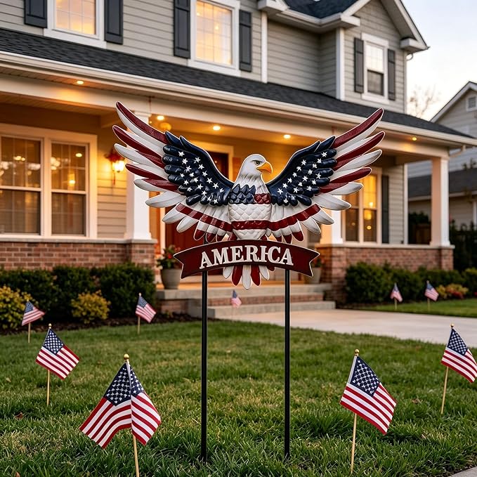 Eagle Patriotic Decor Garden Stakes Decorative Large 35.8in with America Sign, 4th of July Decorations Red White Blue Decor American Flag Memorial Day Decorations Metal Yard Art