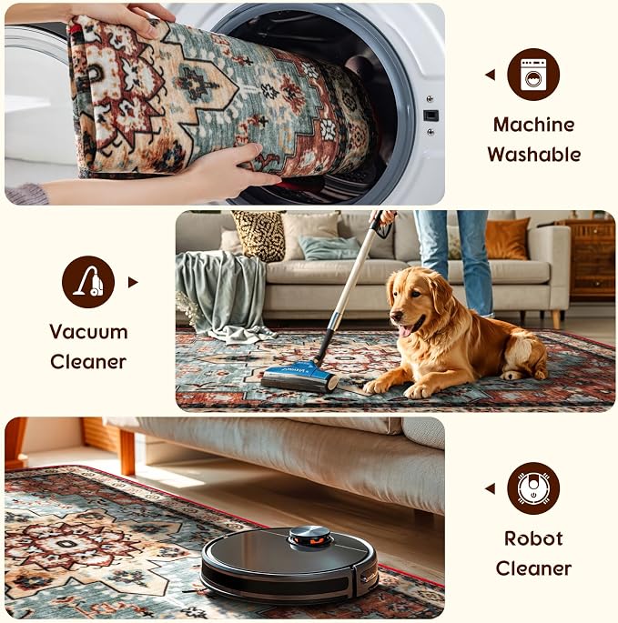 LBRO2M Machine Washable Rug Soft Pet Friendly Carpet 6X9 Red Teal | Area Rug 6X9 for Living Room, Bedroom, Dining Room, Home Office, Non Slip Carpet, Foldable Stain Resistant Rugs