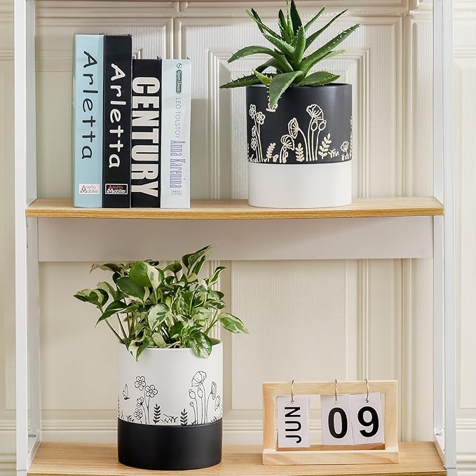 Nihow Self Watering Pots for Indoor Plants,6 Inch,White,Hand Painting | Ceramic Planter, Drainage Hole & Water Storage Plus, Cylinder Round Flower Pot, For Succulent/Herbs/Violets