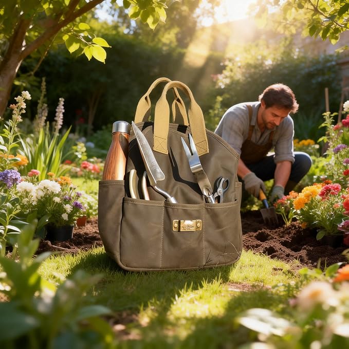 Waxed Canvas Garden Tool Bag Heavy Duty Yard Storage Florist Tote Organizer | Multipurpose, Waterproof Work Caddy Carrier, 5 Interior and 6 Exterior Pockets , Tools Storage for Gardener DIYer Workshop