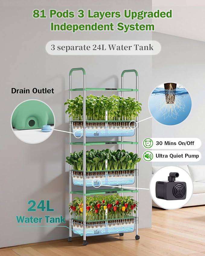 Growell 81 Pods Hydroponics Growing System Kit with Independent Water Pump | Vertical Indoor Herb Garden with 2 Light Modes & 2 Timer, Smart Water Circulation, 42L Water Tank, Movable & Space-Saving