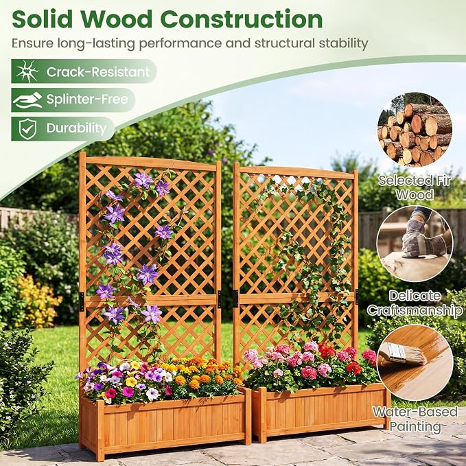 Giantex 2 Pcs Raised Garden Bed with Trellis, 71" Wooden Elevated Planter Box, High Trellis for Plant Flower Climbing Pot Hanging, Indoor & Outdoor Planter Box for Yard, Garden, Balcony