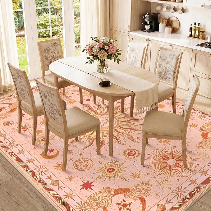 Vacuum-Friendly, 8x10 Washable Area Rug, Pink Gold Beige Red | Sun and Moon Boho Gothic Non-Slip Low Pile Living Roon Bedroom Dining Room Kitchen Entry Entryway Entrance Hallway Doormat
