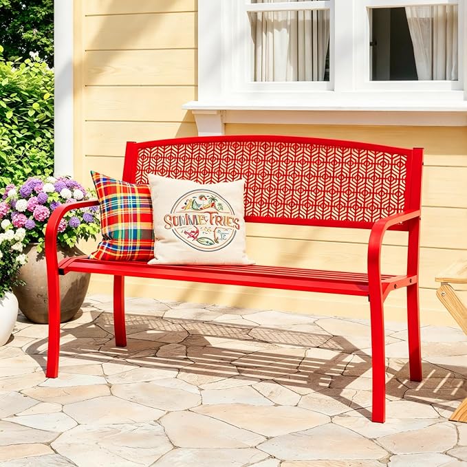 50" Outdoor Metal Garden Bench, Patio Steel Bench with Curved Backrest, Decorative Pattern, Weather-Resistant Porch Bench for Yard, Park, Deck, Backyard