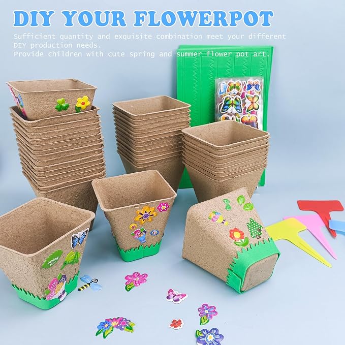 Garden Paper Pot Craft Kit | 40 sets Seed Starter | Spring Summer Kids DIY | Flower Pots Craft Kit For Kids; Earth Day Activities With Paper Pots, Stickers & Labels; Spring Crafts For Earth Day Fun