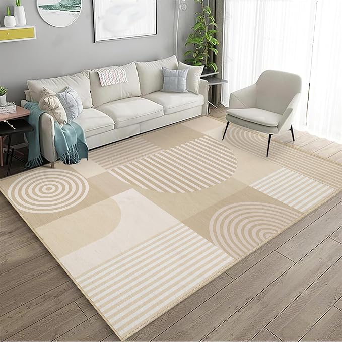 Beige Geometric Rug 3x5 for Bedroom Living Room White Small Area Rug Machine Washable Minimalist Mid Century Modern Rugs Non Slip Low Pile Mat Indoor Floor Carpet for Bathroom Laundry,Beige
