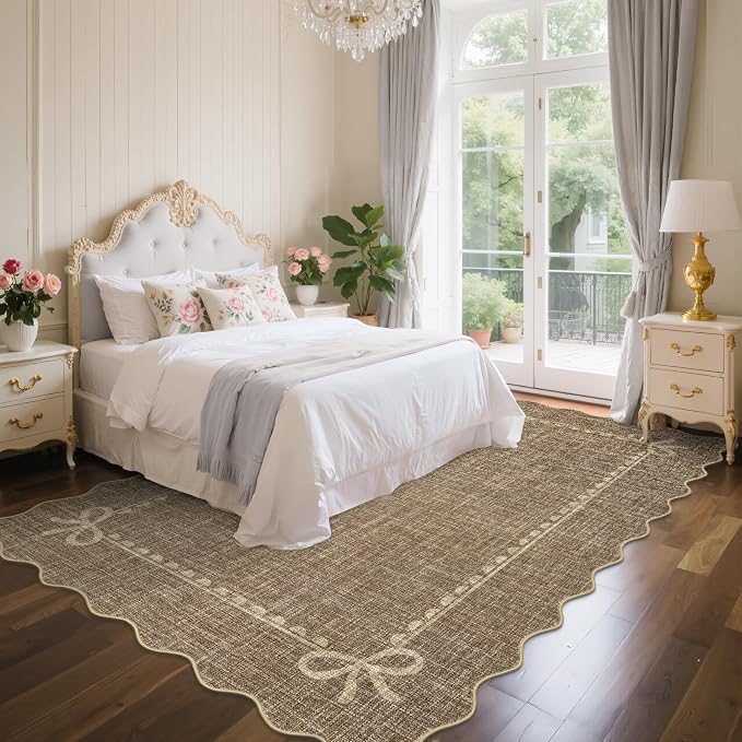 GarveeHome Scalloped Bow Rug 6x9 Washable Brown Rug for Bedroom Living Room | Non Slip Soft Low Pile Indoor Large Carpet for Nursery Girls Bedroom Decor Hallway Kids Room College Dorm Playroom
