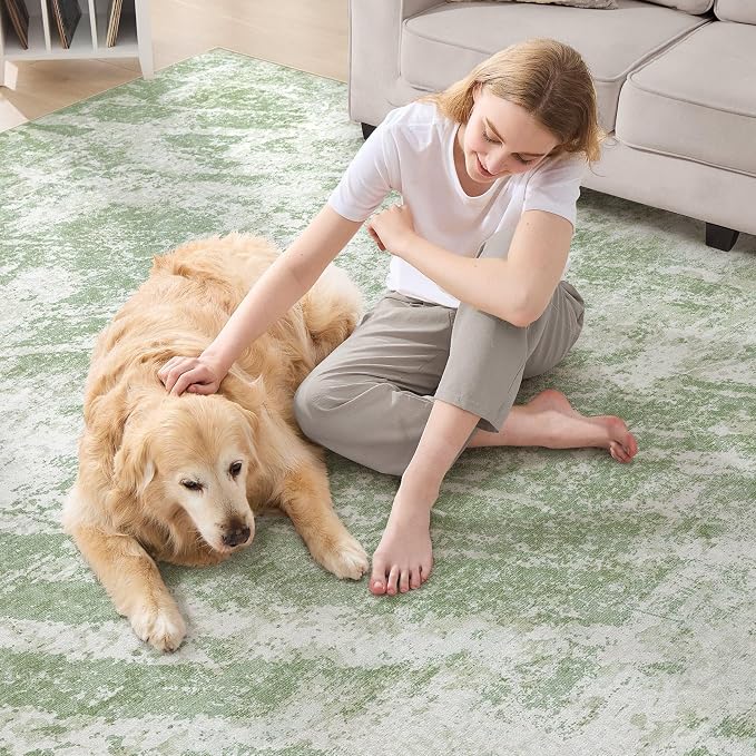 DMOYEST 8x11 Area Rug for Living Room Washable Abstract Indoor Carpet | Neutral Modern Low Pile Rugs Kid & Pet Friendly Large Soft Thin Carpet for Bedroom Dining Room and Office - Light Green