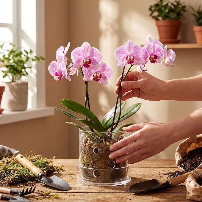 4 Inch Clear Acrylic Orchid Planter Pot with 360° Round Holes & Tray, Thick Acrylic Vented Planter for Phalaenopsis, Root Airflow, Bottom Watering & Indoor Orchid Repotting