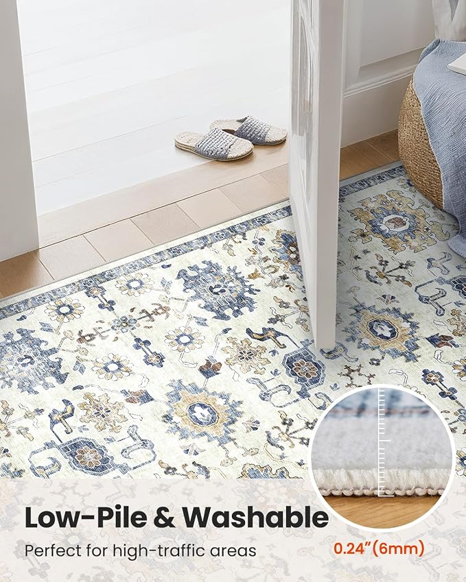 AMADA HOMEFURNISHING 9x12 Washable Area Rug, Low-Profile Large Area Rug with Non-Slip Backing & Durable Edge Binding, Vintage Large Rugs for Living Room, Bedroom & Dining Room