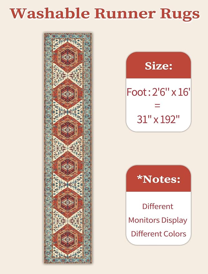 SERISSA 2'6"x16' Washable Non Slip Boho Runner Rug for Hallway，Orange | Ultra Soft Vintage Oriental Carpet Low-Pile Tribal Floor Carpet for Kitchen Bedroom Entryway Bathroom Laundry Room