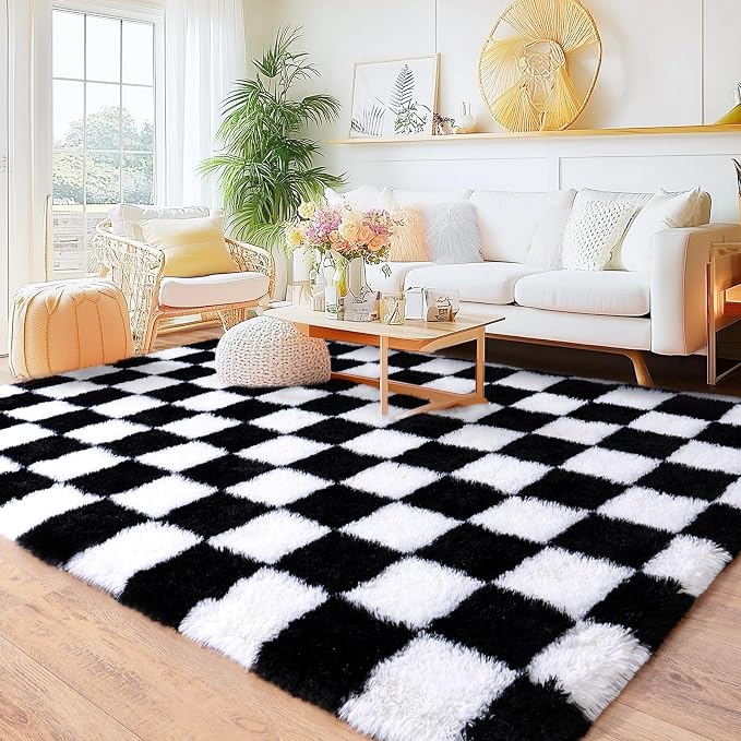 Checkered Rug 9x12 for Living Room, Ultra Fluffy Fuzzy Shag Black and White Large Area Rug for Bedroom, Modern Plush Soft Upgrade Non-Slip Carpet for Kids Girls and Boys Room Dorm Home Decor