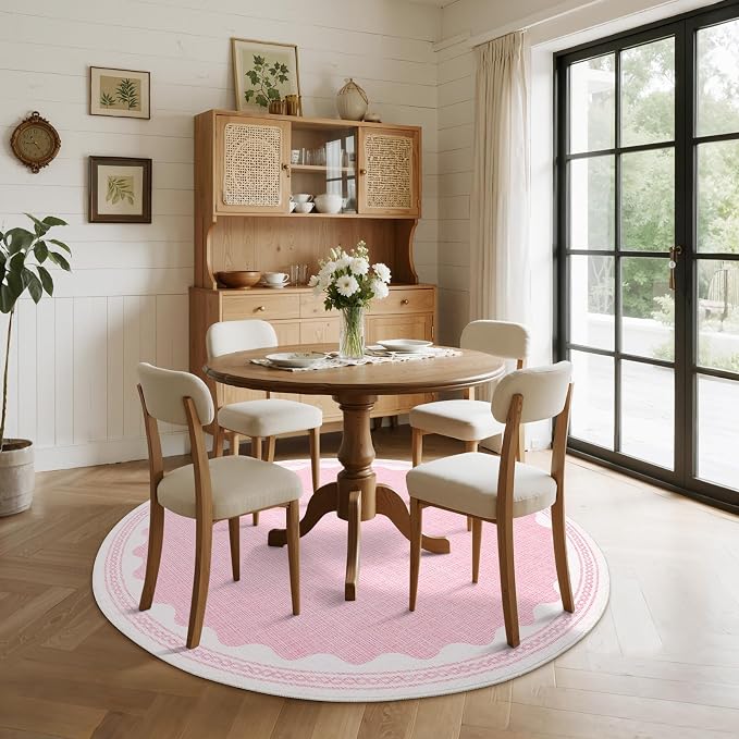 6ft Scalloped Round Rug Pink Washable Living Room Bedroom Area Rugs | Small Solid Rug for Bedroom Girls, Non Slip Scalloped Round Bath Mat, Soft Dorm Nursery Carpet for Bedside