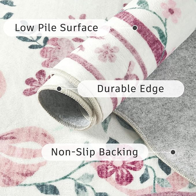 DCX Scalloped Washable 4x6 Bow Rug, Pink Floral Rug for Girls’ Bedroom, Cute Soft Low Pile Indoor Décor Carpet, Kid & Pet Friendly Nursery Rug for Living Room, Dorm, Playroom