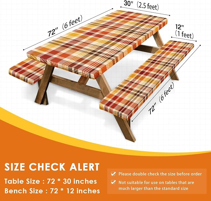 Picnic Table Cover with Bench Covers Elastic Edges, Fall Autumn Fitted Table Cover, Outdoor Patio Camping Essentials 72 Inch 3PCS, Waterproof Camping Fitted Tablecloth with Drawstring Bag