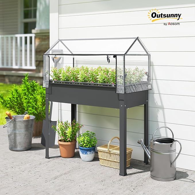 Outsunny Raised Garden Bed with Greenhouse Cover, Elevated Planter Box with Legs and Drainage Hole for Vegetables Flowers Herbs, 39.4" x 18.9" x 48.8", Dark Gray