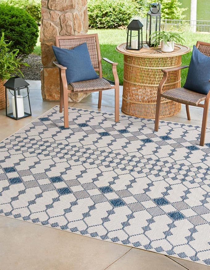 Unique Loom Outdoor Trellis Collection Area Rug - Traliccio (10' Square, Ivory/ Navy Blue)