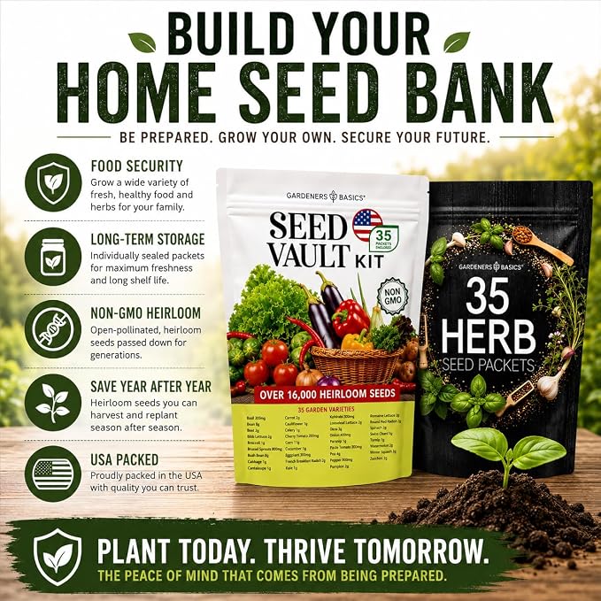 Gardeners Basics Seed Vault + Medicinal Herb Seed Bundle | 70 Heirloom Vegetable & Herb Varieties | 35,000+ Non-GMO Heirloom Seeds for Gardening, Homesteading & Prepping