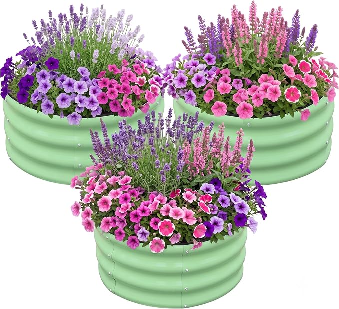 SnugNiture 3 Pcs 2x2x1ft Round Galvanized Raised Garden Bed Kit Outdoor, Metal Planter Box for Planting Plants Vegetables, Green