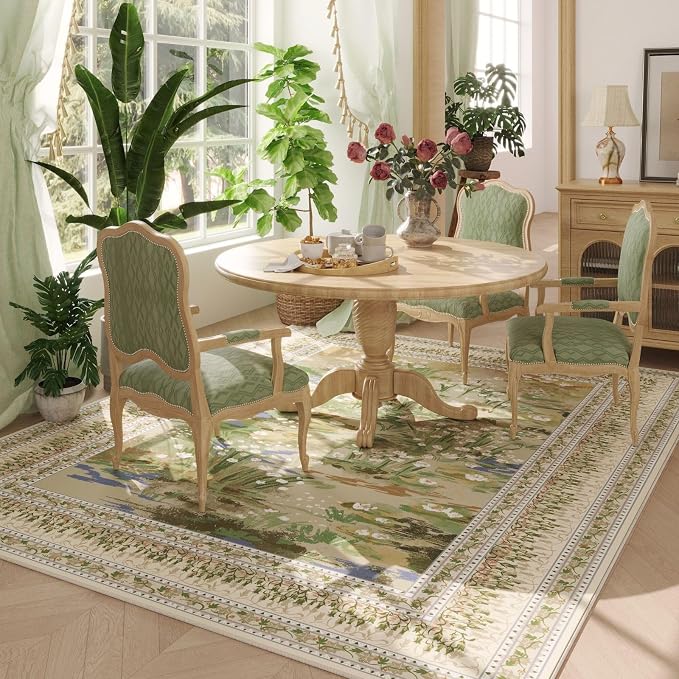 Rugcomf 5x7 Area Rugs Impressionist-Style Vintage Washable Area Rug Non Slip Low Pile Large Rugs for Living Room Bedroom Farmhouse Dining Room Kids Playroom, Beige