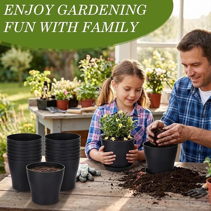 Yinder 32 Pcs 6 Inch Nursery Pots Flower Pots Black Plastic Plant Pot Seed Starting with Saucers and Drainage Holes Plant Container for Herbs Houseplants Seeding Nursery Flowers